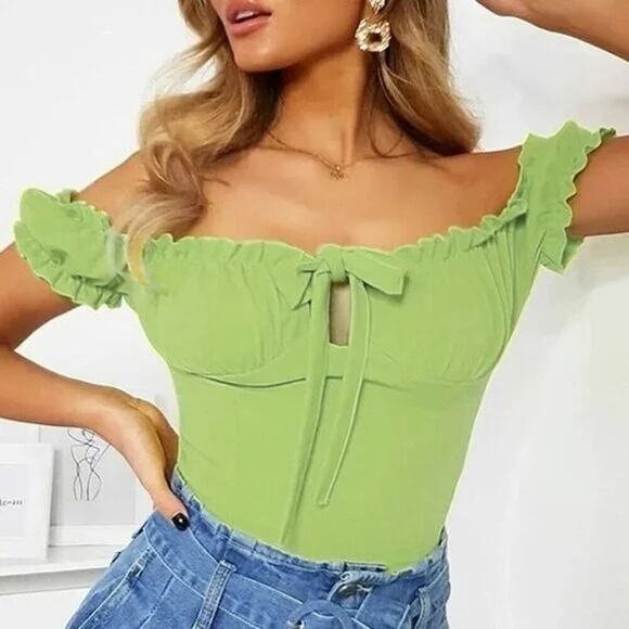 NEW Ruffled Off Shoulder Tie Key Hole Bodysuit Puff Sleeves Snap Crotch S Green - Picture 11 of 14
